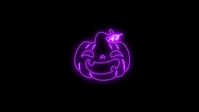 Glowing Purple Neon Halloween Pumpkin Face Animation on Black Background 4K