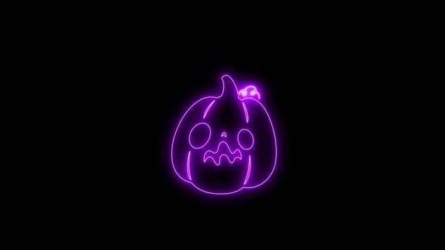 Glowing Purple Neon Halloween Pumpkin Face Animation on Black Background 4K