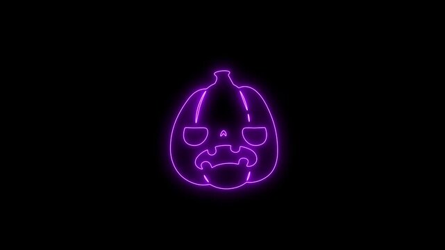 Glowing Purple Neon Halloween Pumpkin Face Animation on Black Background 4K