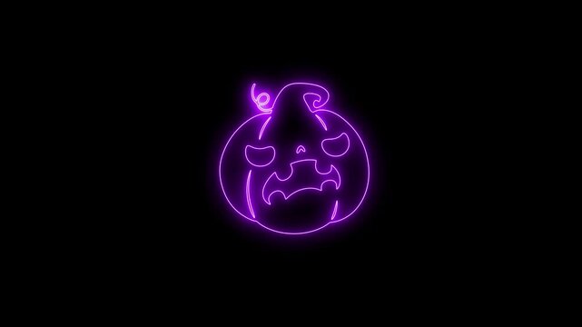 Glowing Purple Neon Halloween Pumpkin Face Animation on Black Background 4K