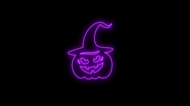 Glowing Purple Neon Halloween Pumpkin Face Animation on Black Background 4K