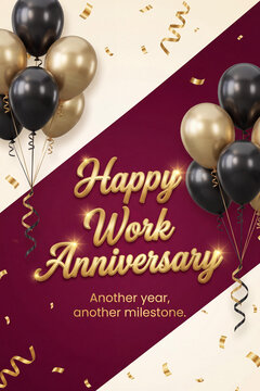 An elegant vertical banner featuring golden 3D text reading Happy Work Anniversary on a diagonal maroon and cream background decorated with black and shiny gold balloons.