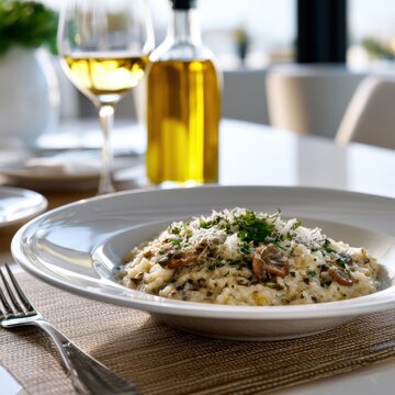 Creamy mushroom risotto garnished with fresh herbs and grated cheese served in a white bowl alongside a glass of white wine and olive oil bottle on a dining tab