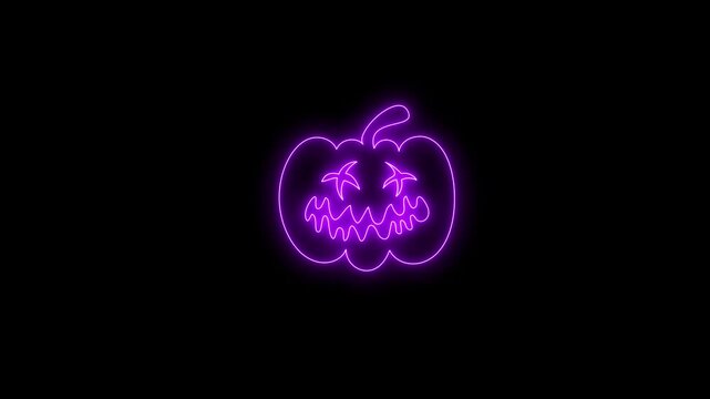 Glowing Purple Neon Halloween Pumpkin Face Animation on Black Background 4K