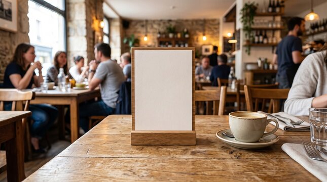 Blank white tabletop menu card displayed on a wooden cafe table beside a coffee cup. Realistic restaurant branding mockup with copy space and customers in the background.