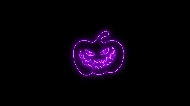 Glowing Purple Neon Halloween Pumpkin Face Animation on Black Background 4K