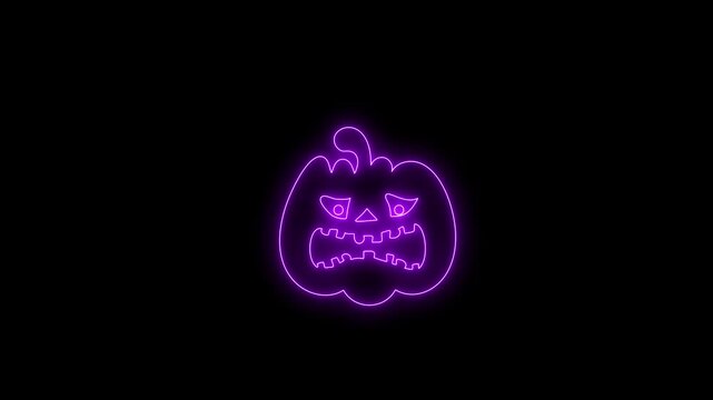 Glowing Purple Neon Halloween Pumpkin Face Animation on Black Background 4K