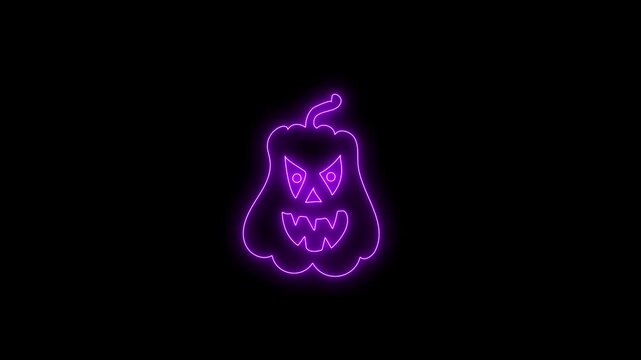Glowing Purple Neon Halloween Pumpkin Face Animation on Black Background 4K