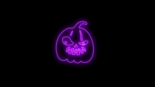 Glowing Purple Neon Halloween Pumpkin Face Animation on Black Background 4K