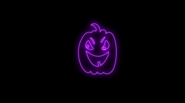 Glowing Purple Neon Halloween Pumpkin Face Animation on Black Background 4K