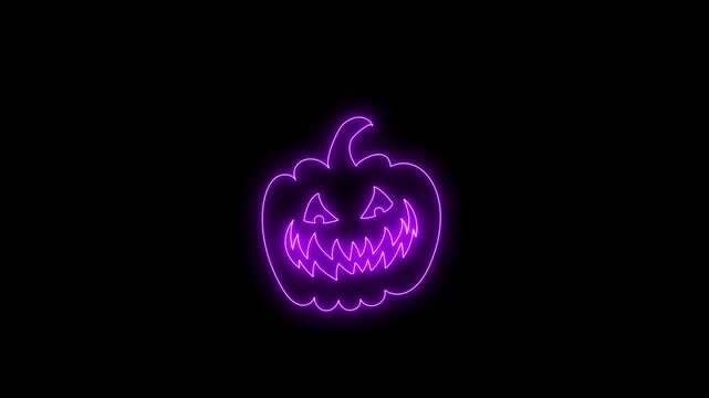 Glowing Purple Neon Halloween Pumpkin Face Animation on Black Background 4K