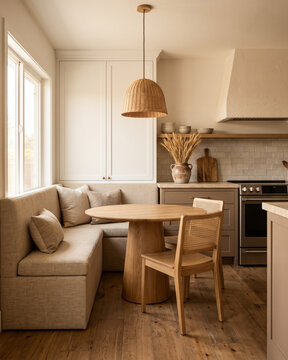 Cozy kitchen dining nook with corner banquette and round wooden table