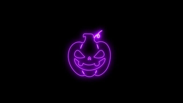 Glowing Purple Neon Halloween Pumpkin Face Animation on Black Background 4K