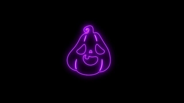 Glowing Purple Neon Halloween Pumpkin Face Animation on Black Background 4K