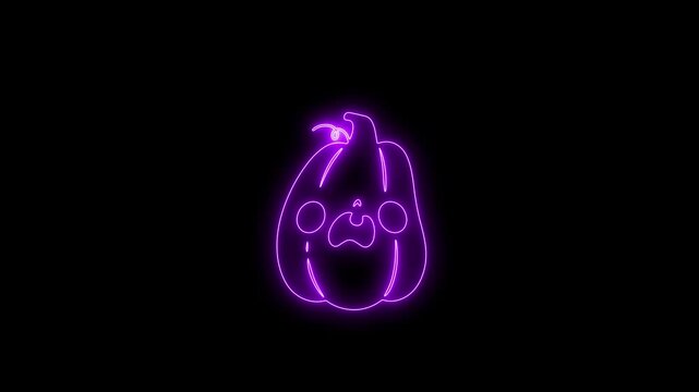 Glowing Purple Neon Halloween Pumpkin Face Animation on Black Background 4K
