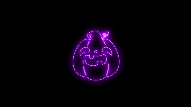 Glowing Purple Neon Halloween Pumpkin Face Animation on Black Background 4K