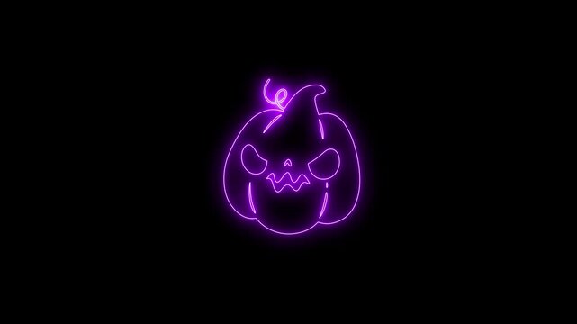 Glowing Purple Neon Halloween Pumpkin Face Animation on Black Background 4K