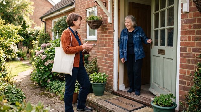 Community health worker greets older resident for preventive care