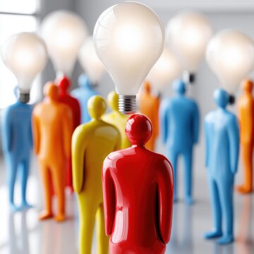 Diverse colorful glossy human figures with illuminated light bulbs above symbolizing creative ideas, innovation, and brainstorming in a collaborative environmen