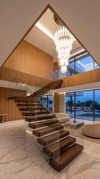 A luxurious modern interior of a two-story house with a wooden floating staircase, glass railings, and a grand chandelier. Marble floors reflect the elegant design with large windows and outdoor view