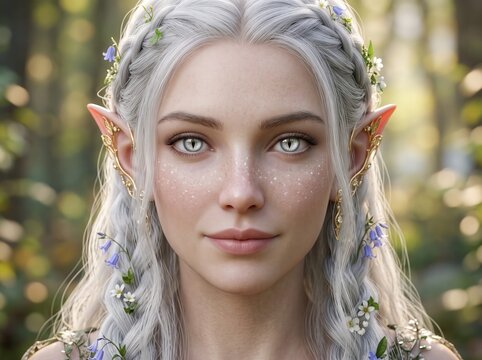 close-up fantasy elf woman with gold ear jewelry, silver hair and flowers, forest portrait
