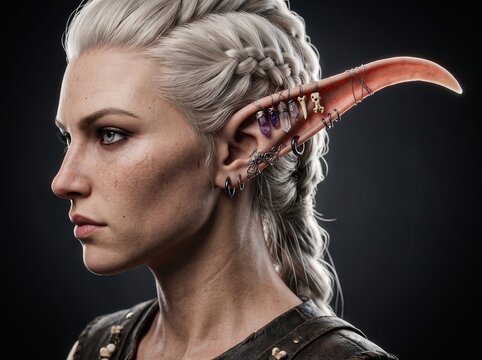 elf woman profile with long pointed ear decorated with crystals and bone charms, fantasy portrait