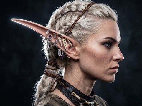 elf woman side profile with elongated pointed ear covered in crystal earrings, fantasy portrait