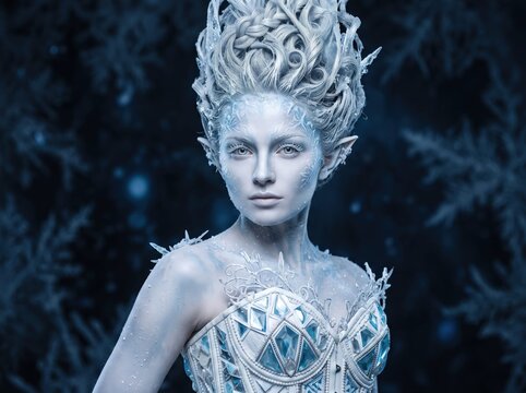 ice queen elf woman with white skin, crystal crown and frozen makeup, fantasy winter portrait