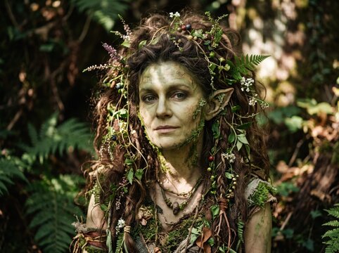 forest spirit elf woman with mossy face, flower crown and pointed ears, woodland nature portrait