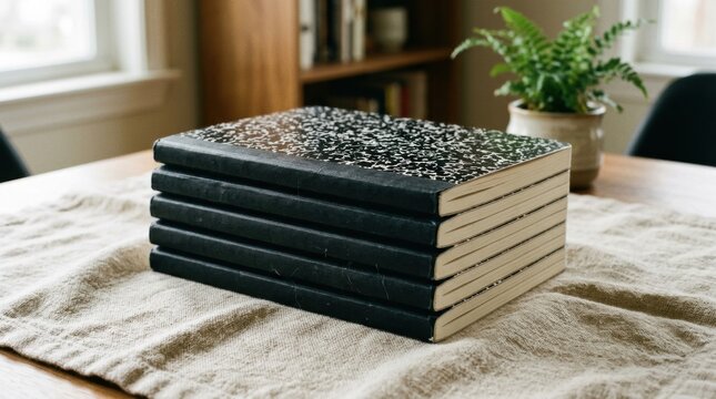 A stack of elegant notebooks on a wooden table, surrounded by natural light. Perfect for creatives, educators, or anyone who values organization and style.