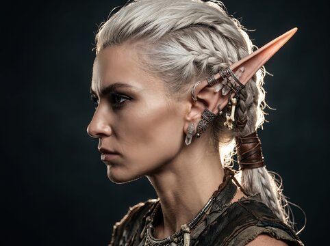 elf woman profile with elongated pointed ear covered in crystal earrings and bone charms, fantasy portrait