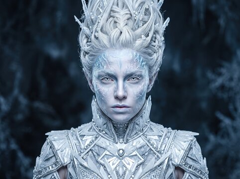 portrait of a majestic ice queen with intricate frozen crown, white frost makeup, and ornate crystal armor in a winter landscape