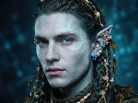 close-up portrait of handsome sea elf man with bioluminescent face tattoos, pointed ears, and seashell hair ornaments underwater