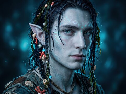 close-up portrait of handsome sea elf man with glowing face markings, coral and shell earrings, and wet braided hair underwater