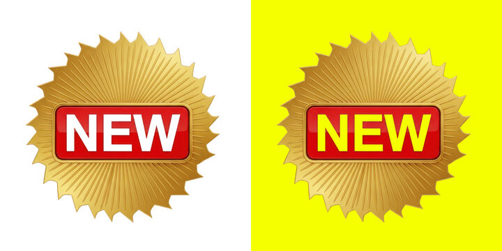 Golden starburst sticker with a red rectangle label and the word New written in bold white letters for shopping promotion