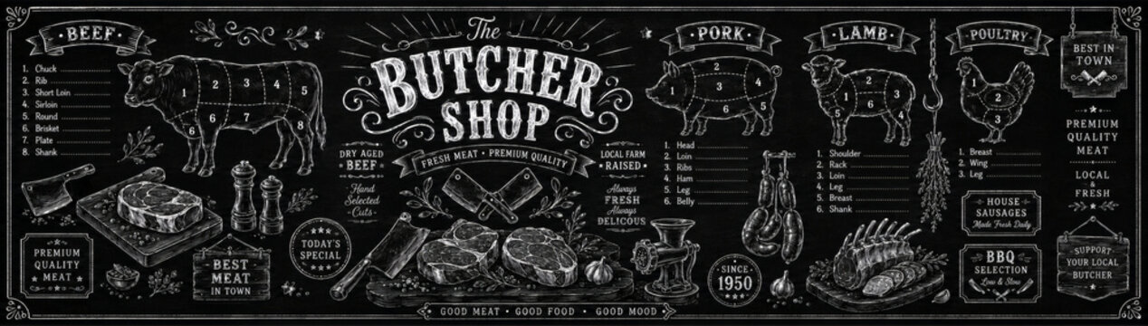 Detailed butcher shop chalkboard menu showcasing animal meat cut diagrams and rustic lettering