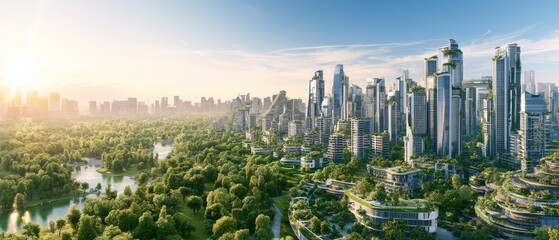 Naklejka premium Green cityscape with modern buildings and parks during sunrise
