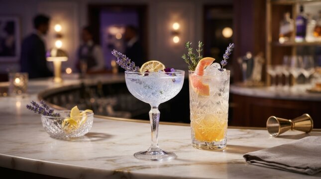 Elegant cocktails garnished with lavender and citrus on a marble bar top