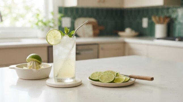 Refreshing lime drink with fresh citrus slices and mint in a modern kitchen