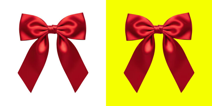 Shiny red silk ribbon bow for holiday gift wrapping and Christmas decoration isolated on bright solid color backgrounds
