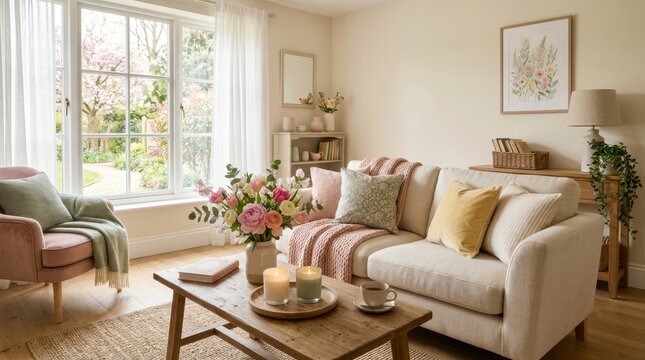 Cozy living room with floral accents and garden view
