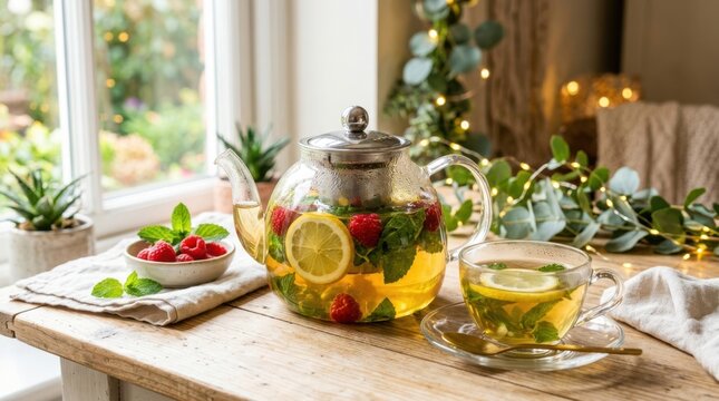 Refreshing raspberry and lemon herbal tea in a glass teapot and cup