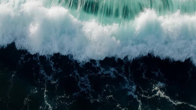 Aerial view of ocean waves crashing against the shore, showcasing the dynamic movement of water and foam in a coastal environment with deep blue hues