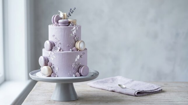 Elegant two-tier lavender cake adorned with macarons and silver leaf accents