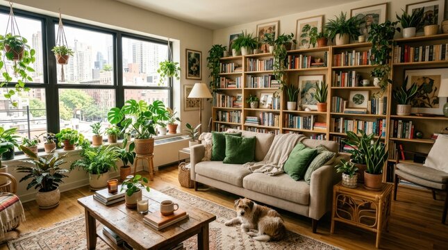 Cozy living room filled with houseplants and a dog relaxing on the rug