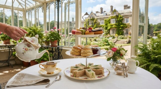 Elegant afternoon tea served in a conservatory overlooking a grand estate garden