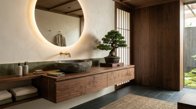 Modern Japanese bathroom design with natural wood and stone elements