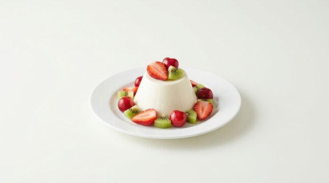 Creamy panna cotta dessert adorned with fresh strawberries, kiwi, and cherries