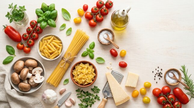 Fresh Italian ingredients for a delicious pasta meal on a wooden table