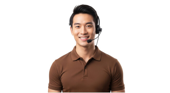 Asian male agent wearing headset isolated on transparent background